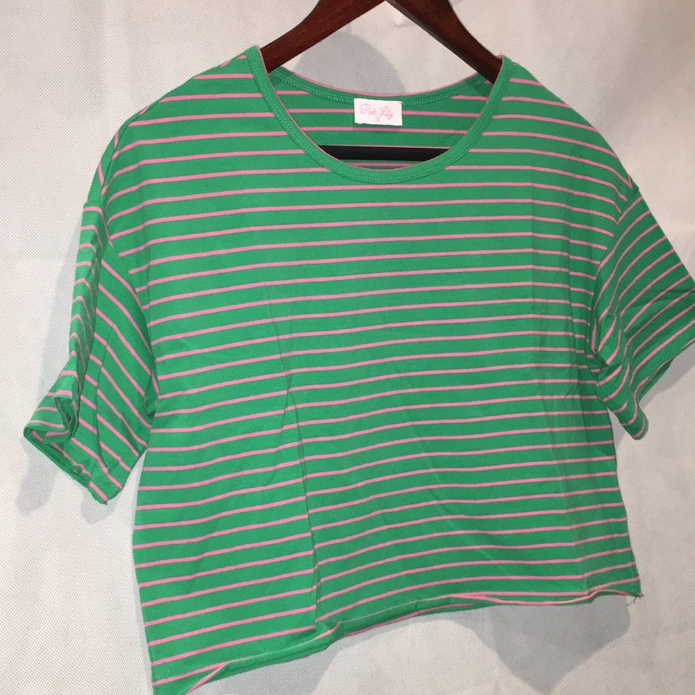 Pink Lily Green and Pink Striped Crop Top